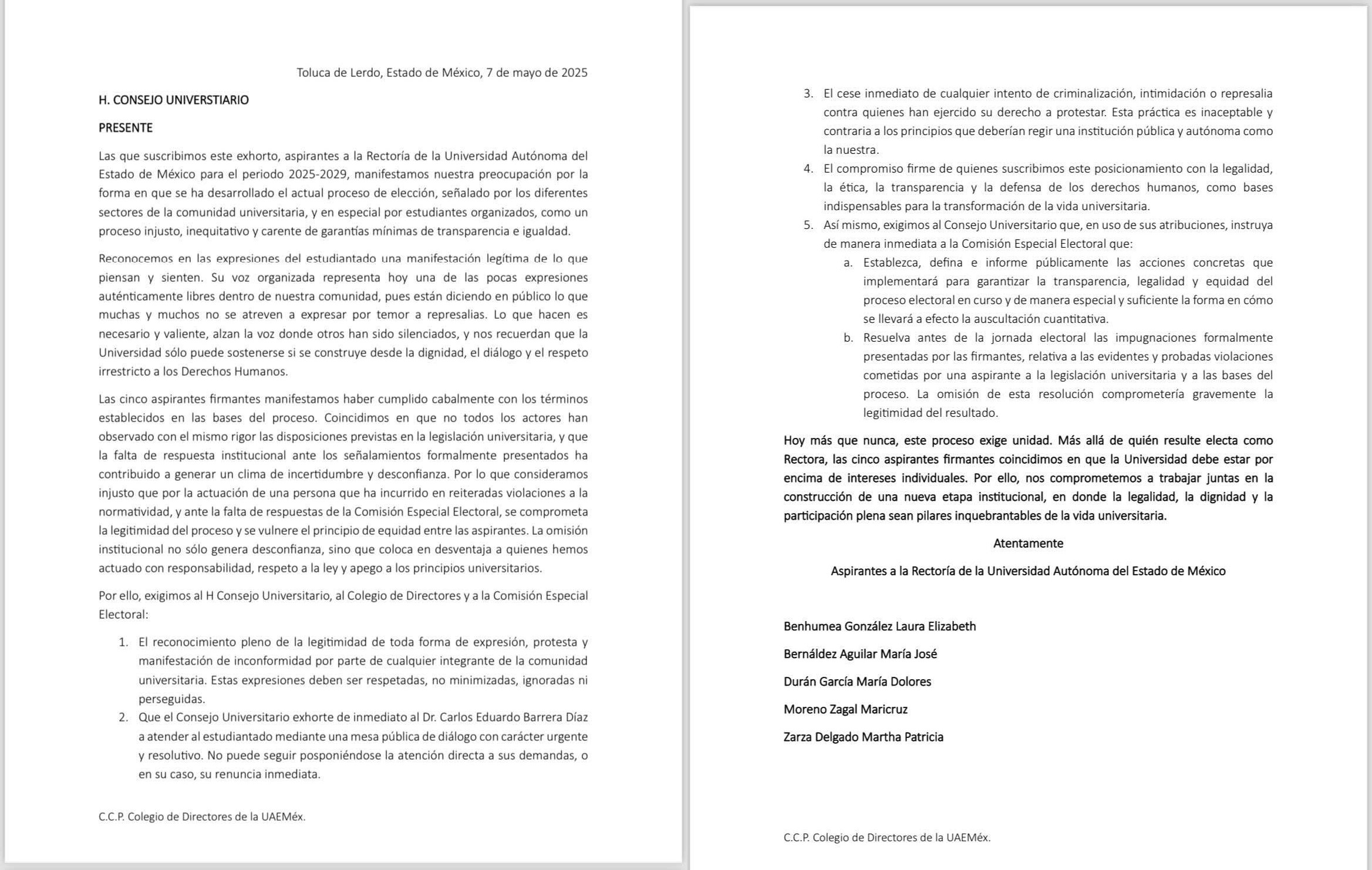 Cinco candidatas a la rectoría de la UAEMex exigen diálogo