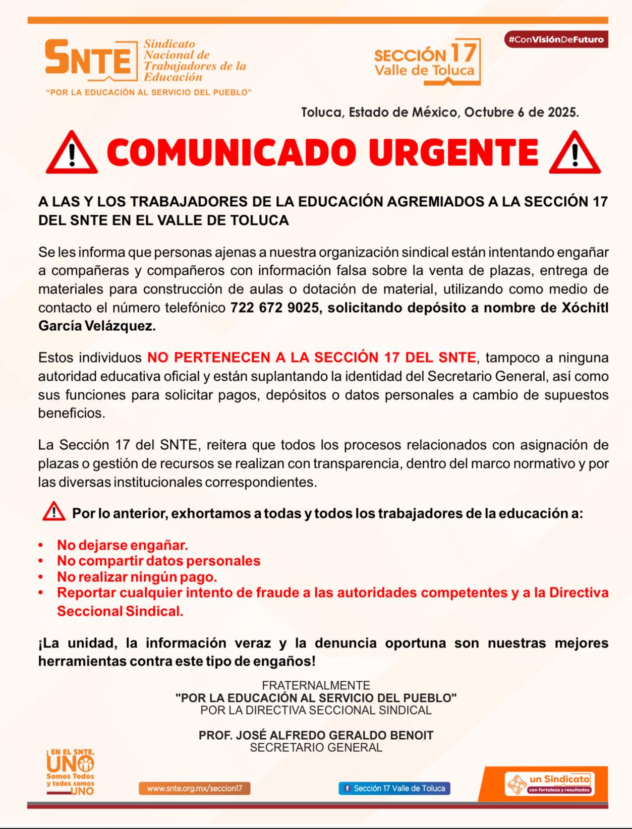 Sección 17 del SNTE alerta sobre intentos de fraude