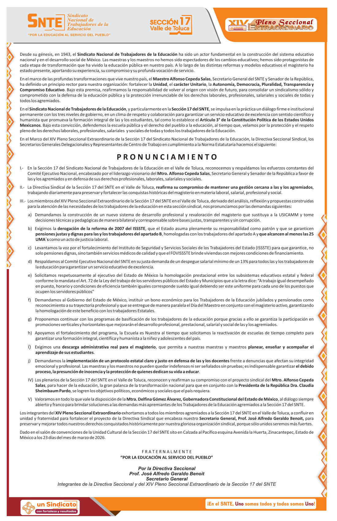 Pronunciamiento. XIV Pleno Seccional. Sección 17 del SNTE