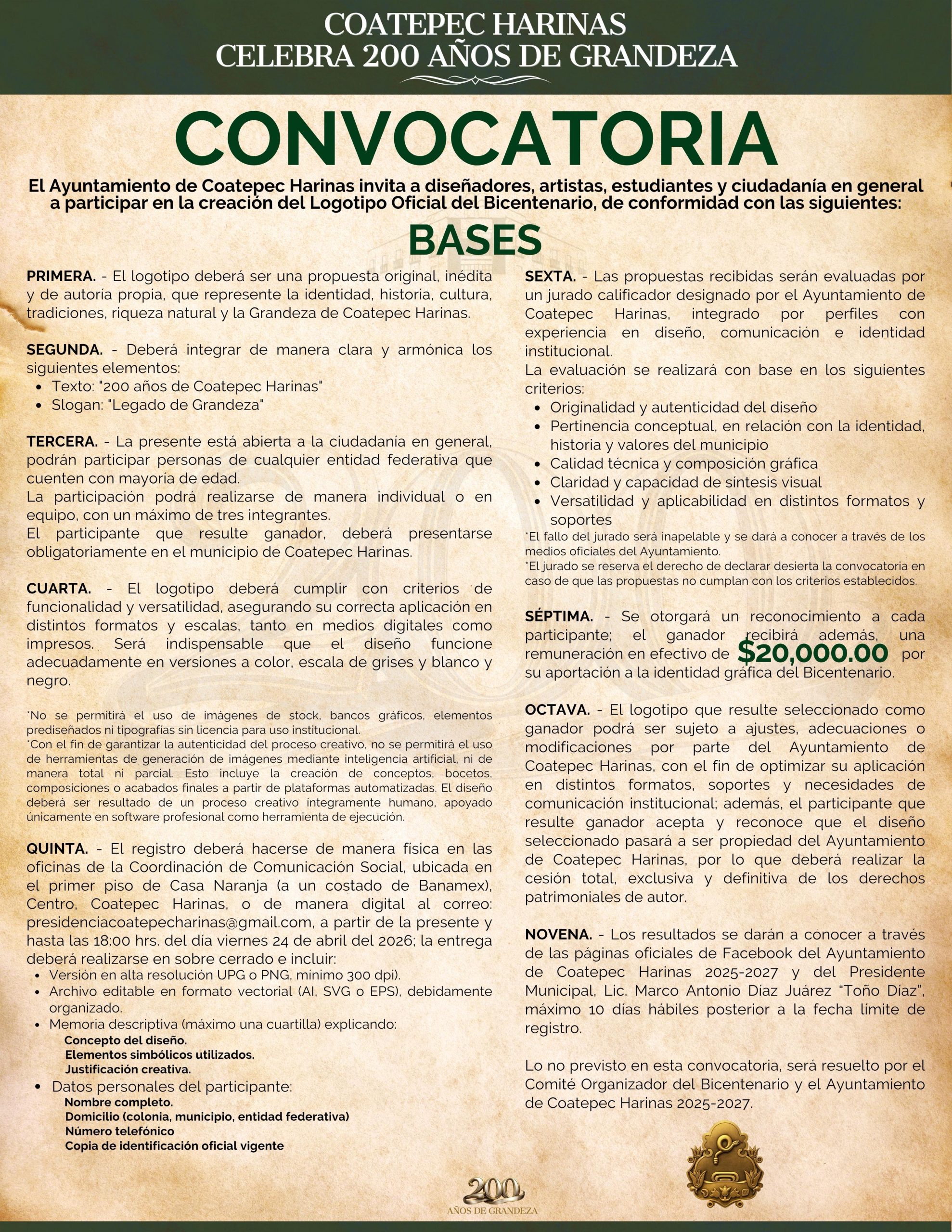 Coatepec Harinas invita a la ciudadanía en general a participar en la creación del Logotipo Oficial del Bicentenario