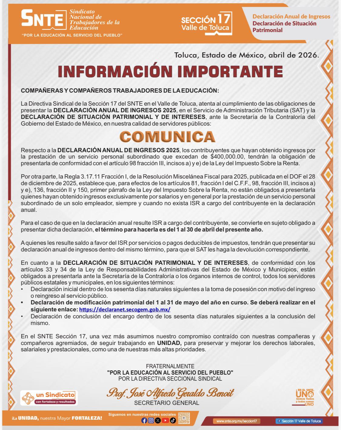 Sección 17 del SNTE recuerda a docentes cumplir con declaraciones