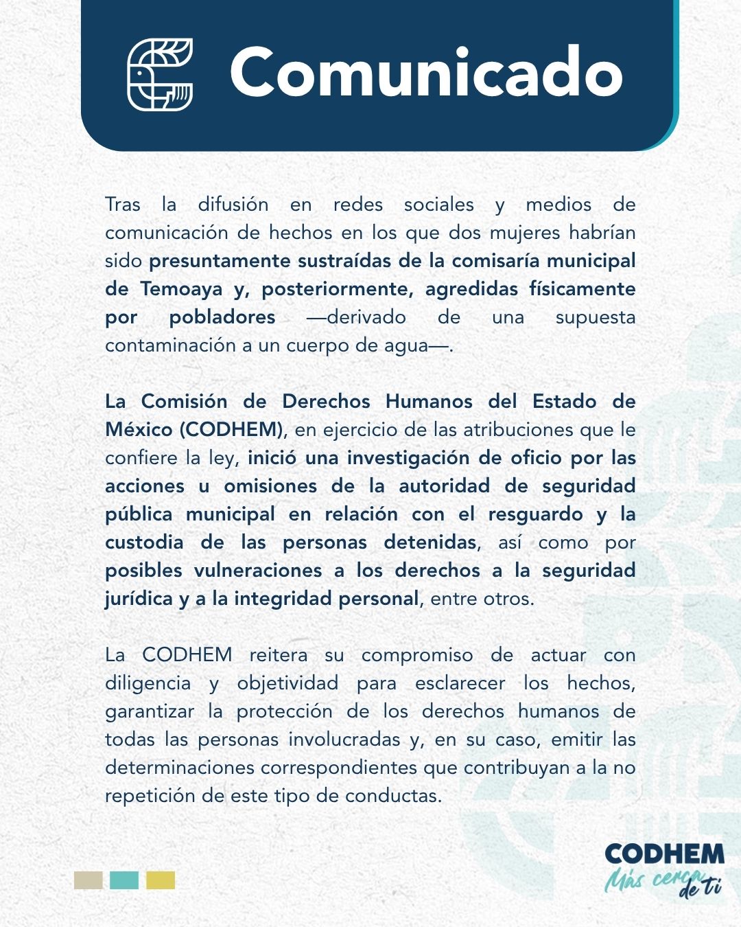 CODHEM inicia investigación de oficio por agresiones contra mujeres en Temoaya