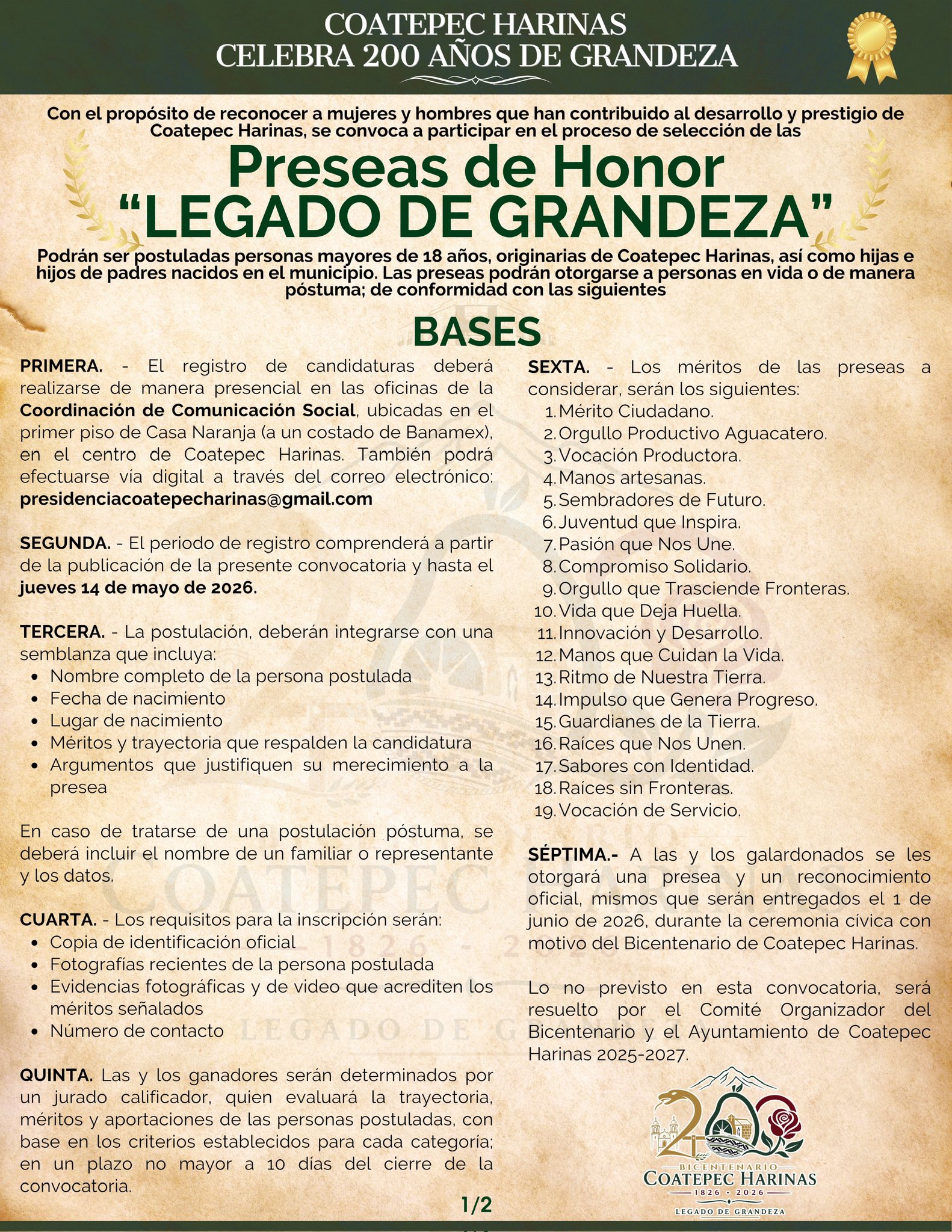 Convocan a reconocer trayectorias destacadas por bicentenario de Coatepec Harinas