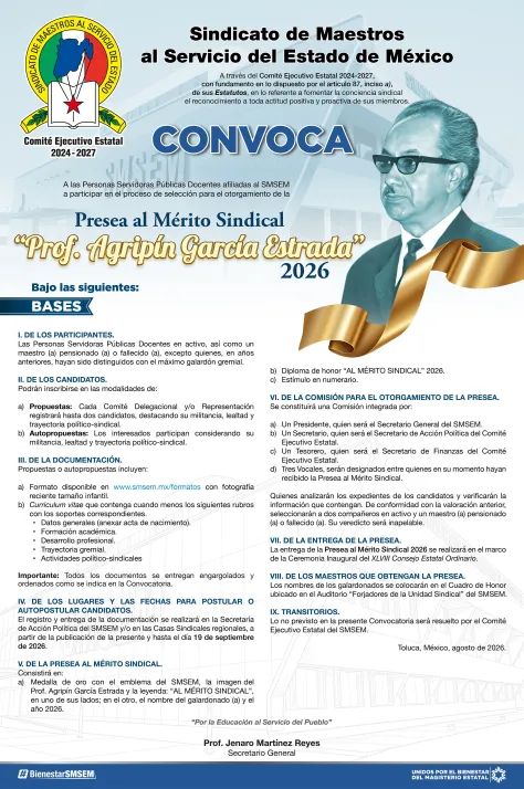 SMSEM convoca a la Presea al Mérito Sindical